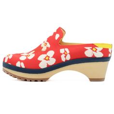 CLEARNACE: All sales are final Color: PHLOXY RED - A whimsical bright floral print! Crafted for sustainability and comfort, the Viola Clog features an exclusive fly-knit upper made entirely from 100% post-consumer recycled materials. Designed with a breathable mesh panel and just the right amount of stretch, these clogs offer a personalized fit that adapts to your foot. The solid wood base, precisely milled with gentle contours, ensures all-day comfort, while the lug tread rubber sole delivers s Yellow Clogs For Spring, Playful Slip-on Clogs For Spring, Comfortable Yellow Clogs For Spring, Comfortable Yellow Spring Clogs, Crafts From Recycled Materials, Eco Chic, Clogs Shoes, Mesh Panel, Lug Sole