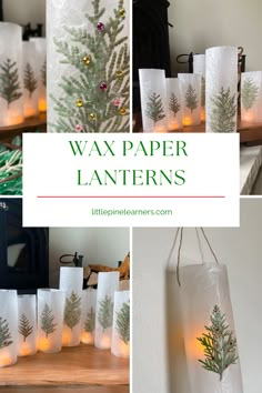 wax paper lanterns with christmas trees on them and lit candles in the bottom left hand corner