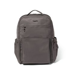 a gray backpack with zippers on the front and side pockets, sitting against a white background