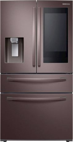 a stainless steel refrigerator with two doors and an ice box on the bottom, in front of a white background