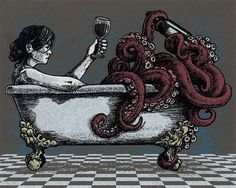 a woman sitting in a bathtub holding a wine glass and an octopus crawling out of the tub