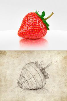 a drawing of a strawberry and an image of a strawberries on the left side