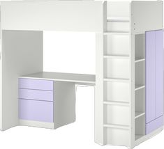 a white loft bed with purple drawers and shelves on the bottom shelf is shown in front of a white background