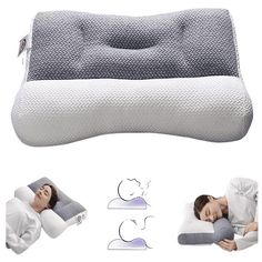 an image of a woman sleeping in bed with pillows and pillow set on it's side