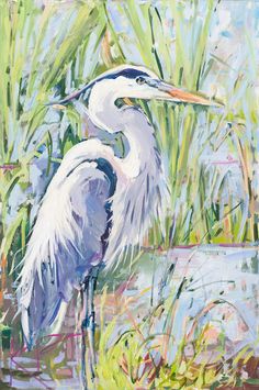 a painting of a white egret standing in the grass