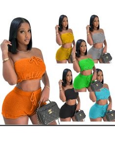 Sexy Knitted 2 Piece True To Size with some stretch Knit Bandeau, Tube Top And Shorts, Strapless Tank Top, Tank Top And Shorts, Spring Knits, Strapless Crop Top, Faux Leather Dress, Casual Sportswear, Leather Dresses