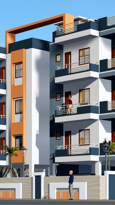 two people are standing in front of a multi - story building with balconies