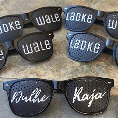 six pairs of sunglasses with the words wake wake and kaja written on them in white letters