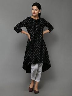 Black Cotton High Low Kurta Kurti Patterns Ideas Stylists, डिजाइनर कपड़े, Indian Kurti Designs, Ikkat Dresses, Suits Punjabi, Unique Clothes, New Kurti Designs, Churidar Designs, Long Kurtis