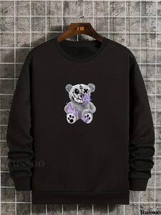 Russoo - Mens Graphic Round Neck Sweatshirt Featuring Bear Sitting Print: Stylish Loose-fit Pullover Ideal for Autumn and Winter Wear Casual Purple Sweatshirt With Cartoon Print, Black Cotton Sweater With Cartoon Print, Casual Black Sweater With Cartoon Print, Purple Long Sleeve Sweatshirt With Cartoon Print, Purple Long Sleeve Cartoon Print Sweatshirt, Black Cotton Sweatshirt With Cartoon Print, Bear Sitting, Round Neck Sweatshirts, Winter Wear