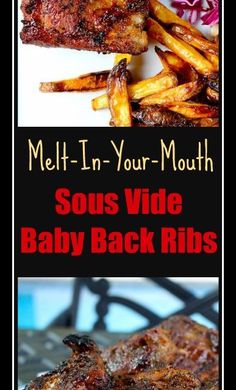 some ribs and french fries on a plate with the words melt - in your mouth