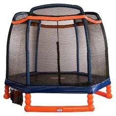 an orange and blue trampoline with net attached to it's back legs