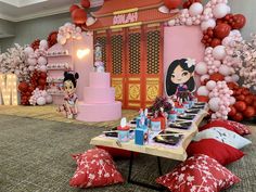 Mulan 1st birthday party | CatchMyParty.com Mulan Cake Birthday, Mulan Theme Party, Mulan Baby Shower Theme, Mulan Themed Birthday Party, Mulan Birthday Party Ideas, Mulan Party Ideas