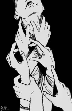 a black and white drawing of a woman holding her hands up to her face while looking up at the sky