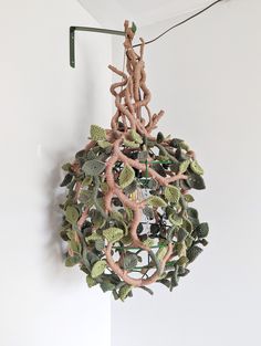 a plant hanging from the side of a white wall next to a light fixture with green leaves on it