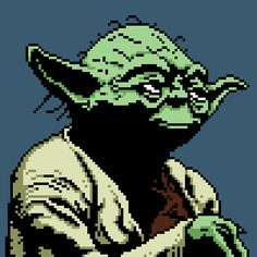 an image of yoda from the star wars pixel art style, with blue background