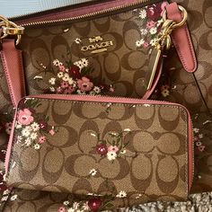 This Is An Unworn Floral Coach Bag With Matching Floral Coach Wallet. Pink Coach Bag As Gift, Everyday Pink Clutch Wallet, Coach Rectangular Bags With Card Slots, Pink Clutch Wallet With Interior Card Slots, Pink Wallets With Interior Card Slots For Travel, Pink Travel Pouch Wallet, Pink Pouch Wallet For Everyday, Pink Travel Wallet Pouch, Pink Shoulder Bag With Card Slots For Gifts