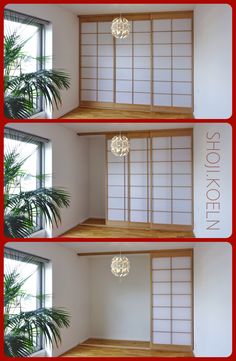 three different views of the inside of a room with wood flooring and white walls