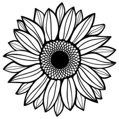 a black and white drawing of a sunflower with leaves on it's petals