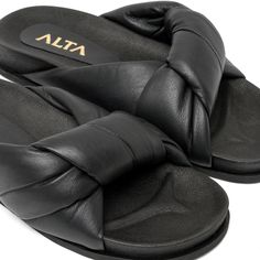 Alta Shoes Material: CueroHecho en Colombia Leather Slip-on Slides With Padded Heel, Calf Leather Slip-on Sandals With Cushioned Footbed, Elegant Black Synthetic Slides, Black Leather Slippers With Leather Lining, Chic Black Slides For Evening, Chic Leather Flat Slides, Chic Flat Leather Slides, Black Open Toe Sandals With Rubber Sole, Black Leather Footbed Slippers For Vacation