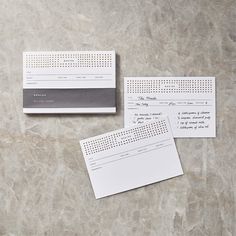 three pieces of paper on top of each other next to some envelopes and papers