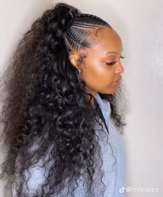 Braids And Curly Ponytail Weave, Bohemian Cornrow Ponytail, Top Braided Back Sew In, Criss Cross Half Up Half Down, Half Up Half Down See In With Braids, Braids In The Front Ponytail In The Back, Stitch Braids Half Up Half Down Weave, Half Up Half Down Braided Ponytail, Half Up Half Down Feed In Braids Sew In