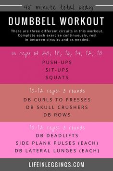 the dumbbell workout plan is shown in pink, black and grey colors with text overlay