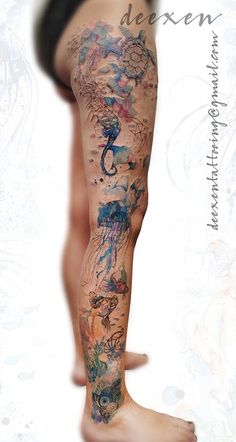 a woman's leg with tattoos on it and an image of the bottom half of her legs