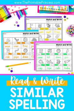 the printable worksheet for reading and writing similar spelling with colorful pencils