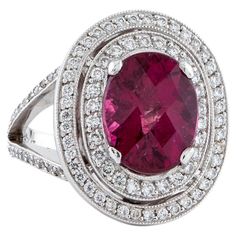 4.06 Carat Oval Rubellite Tourmaline with 0.75 Carats of Round Brilliant Diamonds in Platinum ring Band Width 2.7mm, Ornament Width 16.6mm, Ornament Length 20.2mm Exquisite Oval Ruby Ring Gia Certified, Oval Multi-stone Ruby Ring In White Gold, Platinum Oval Gemstone Ring, Oval Multi-stone Ruby Ring For Formal Occasions, Oval Platinum Gemstone Rings, Oval Platinum Rings With Gemstone, Timeless Oval Multi-stone Rings, Rubellite Ring, Stunning Aesthetic