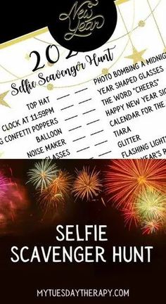 a selfie scavenger hunt with fireworks in the background