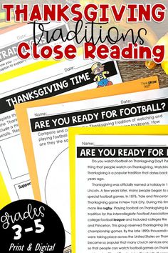 the thanksgiving reading and writing activity is shown with text overlays that reads, are you ready for football?