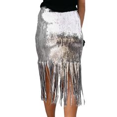 Silver High Waist Tassel Skirt Trendy Tasseled Bottoms For Party, Trendy Party Bottoms With Tassels, Summer Party Bottoms With Tassels, Chic Skirt With Tassels For Spring, Chic Spring Skirt With Tassels, Fall Party Bottoms With Tassels, Skirt With Tassels For Night Out, Tasseled Skirt For Night Out, Tassel Skirt For Night Out