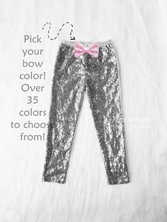 "PANTS: Designed by us with specific length and used premium soft fabric ( %95 cotton %5 spandex) back and behind the sequin fabric to eliminate itchiness~ ONLY front has sequin, back of pants are made with matching soft cotton. Embellished with sequin bow ( made with brooch pin for easy wash! NOT GLUED on short! ) You can chose and color bow with these GOLD pants AVAILABLE SIZES: 0-6 months 6-12 months 12 months-3T 3T- 5T 6Y-8Y 8Y-10Y PROCESSING TIME: Even though we ship 1-3 business days, proc Spring Sequin Stretch Bottoms, Spring Sequined Stretch Bottoms, Spring Stretch Sequin Bottoms, Trendy Stretch Sequined Bottoms, Trendy Stretch Bottoms With Sequins, Trendy Stretch Pants With Sequins, Spring Silver Sequined Bottoms, Fitted Sequin Bottoms In Trendy Style, Fall Silver Sequined Bottoms