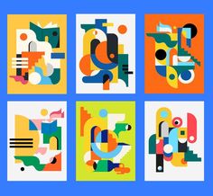 four abstract posters with different colors and shapes