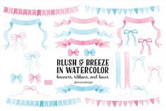 pink and blue watercolor bows, ribbons, and buntings on white background