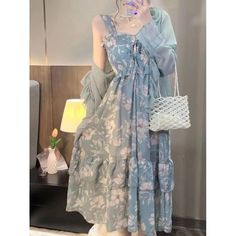 Olivia Mark - Floral Chiffon Dress with Long Outerwear and Sun Protection Cardigan Set Gentle Style, Long Outerwear, Dress Cardigan, Chic Cardigan, Mori Girl Fashion, Cardigan Set, 2024 Spring Summer, Floral Chiffon Dress, Dress Chiffon