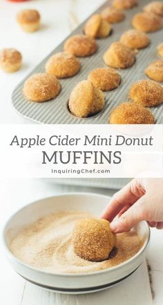 apple cider mini donut muffins in a pan with cinnamon sugar on top