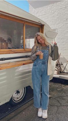 Mamma Mia Outfits Fall, Long Overalls Outfit Fall, Cute Winter Overall Outfits, Fall Outfit Inspo Comfy, Womens Fall Overall Outfits, County Fair Outfit Ideas Fall, Long Sleeve And Overalls Outfit, Mid Twenties Outfits Women Casual, Site Seeing Outfit Fall