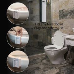 the instructions for how to use a toilet bowl and safety rails in a bathroom with marble tile walls