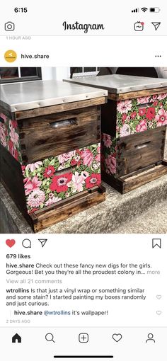 two wooden chests with flowers painted on them, one is white and the other is brown