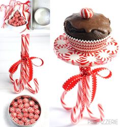 an image of a cupcake stand made out of candy canes and chocolate cake