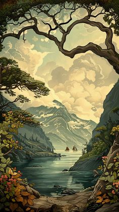 a painting of mountains, trees and water with clouds in the sky above it is an image of a mountain lake