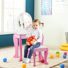 With the clear mirror, this kids vanity table and stool set with cute patterns is a fun and functional addition to your child's bedroom or play area. And you can remove the top if your kids need to concentrate on drawing or writing. After finishing make up or study, there is a practical drawer which comes with ample space to store items to keep the tabletop tidy and clean. Considering your kids' safety, this high quality vanity set is equipped with round edge design and anti-toppling device. In Mirror Drawer, Dressing Table Chair, Kids Vanity Set, Ergonomic Stool, Girls Vanity, Mirror Drawers, Makeup Dressing Table, Clear Mirror, Mirror Stool