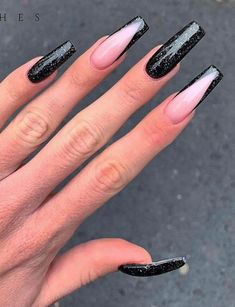 Black And Purple Acrylic Nails, Black Sparkly Acrylic Nails, Sparkly Black Nails, Short Coffin Nails Designs, Black Acrylic Nails, Nails Now, Shine Nails, French Acrylic Nails, Pink Acrylic Nails