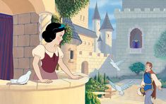 snow white and prince standing in front of a castle with birds flying around it's perimeter