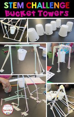 Fabulous STEM Challenge using only a few simple supplies! Can you build a tower with a hanging bucket? How much weight will it hold? Science Experience, Stem Club, Steam Challenges, Inquiry Learning, Stem Engineering, Steam Ideas, Stem Classes, Teaching Stem