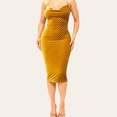 Mimi Mesh Midi Dress La Luz Boutique Fitted Cowl Neck Midi Dress For Party, Gold Velvet Party Dress, Fitted Gold Midi Dress For Night Out, Fitted Gold Midi Dress, Gold Midi Bodycon Dress For Night Out, Gold Fitted Sleeveless Midi Dress, Gold Bodycon Dress For Date Night, Gold Bodycon Midi Dress For Party, Cowl Neck Midi Dress