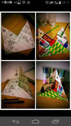 the process of making an origami house with colored pencils and construction paper