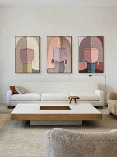 three paintings hang on the wall above a white couch and coffee table in a modern living room